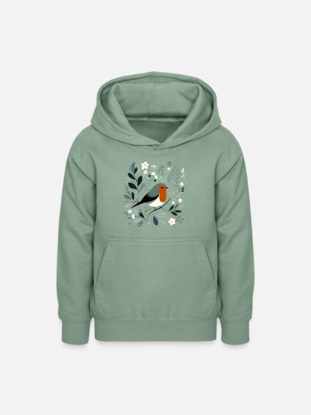 Rotkehlchen mit Blumen - Teenager Hoodie - Graugrün