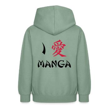 I love manga - Teen Hoodie - steel green - Back - AI Model Teenager Male dark (155cm)