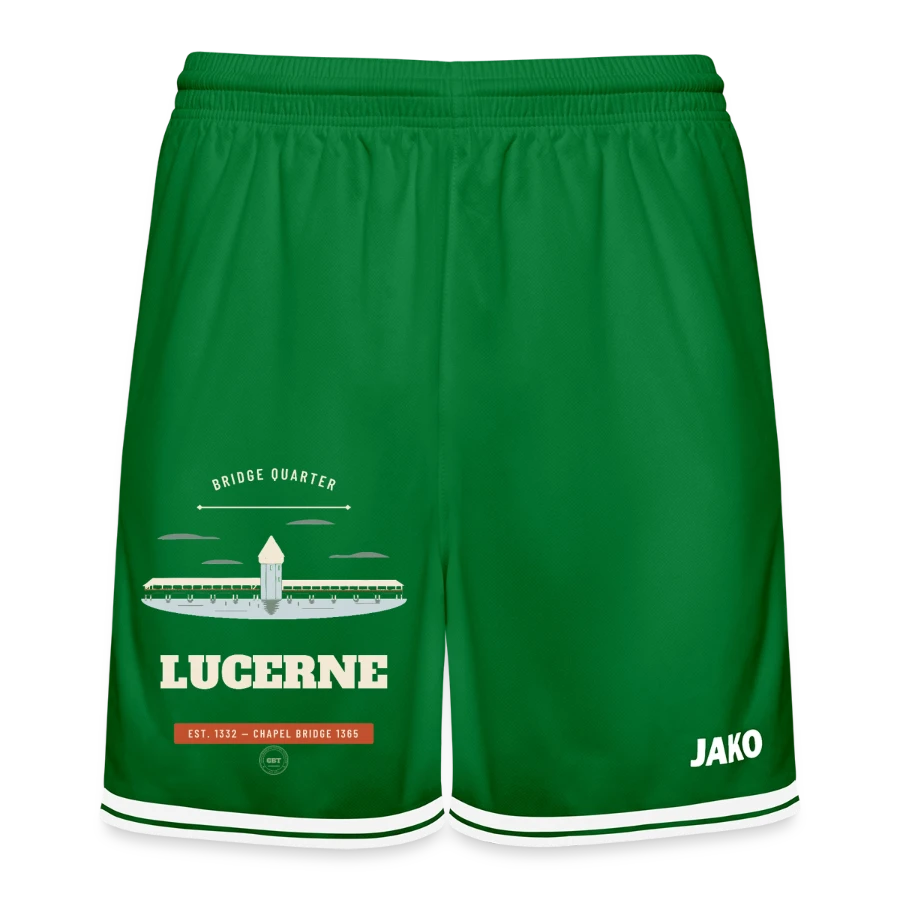 Lucerne badge on a jako basketball shorts center 2.0, green/white