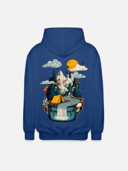 Mountain Lake Path - Camping Backpacker Motif - Unisex Hooded Jacket - royal blue