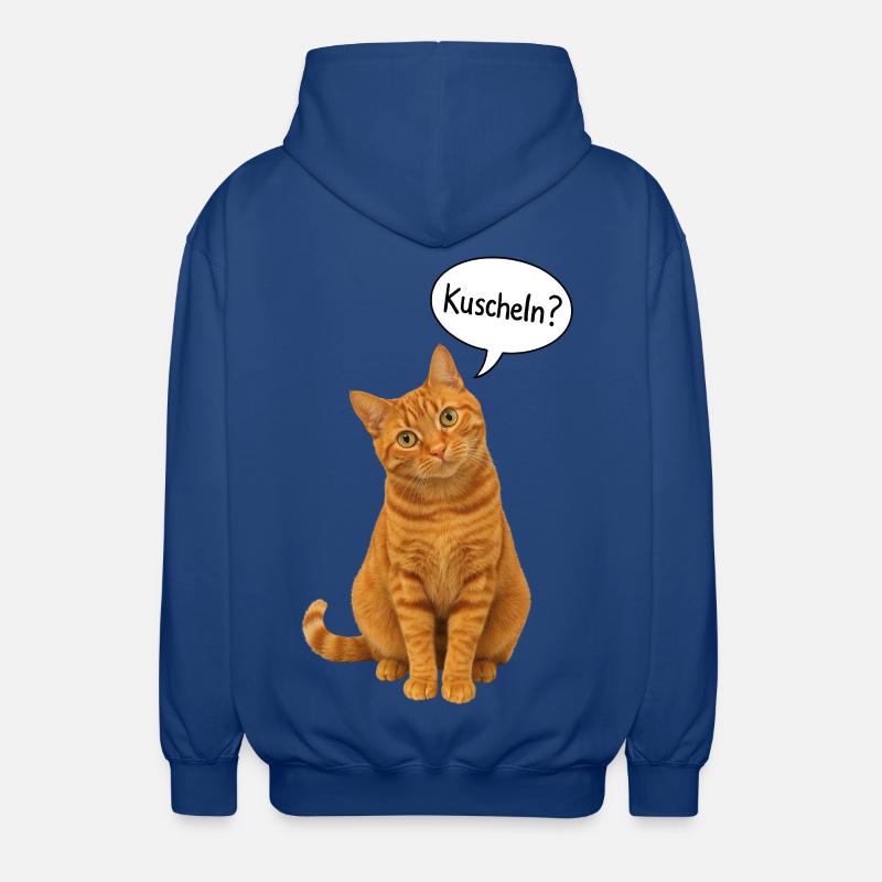 Red cat with tilted head asks: "Cuddle?" - Unisex Hooded Jacket - royal blue