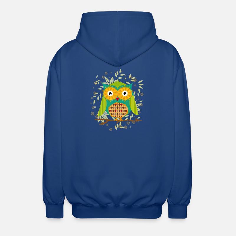 kunstvoll gestaltete Eule mit Patchwork-Muster - Unisex Kapuzenjacke - Royalblau