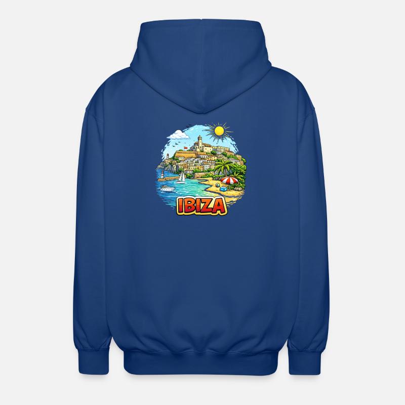 Illustration du Paradis côtier d’Ibiza - Veste à capuche unisexe - bleu royal