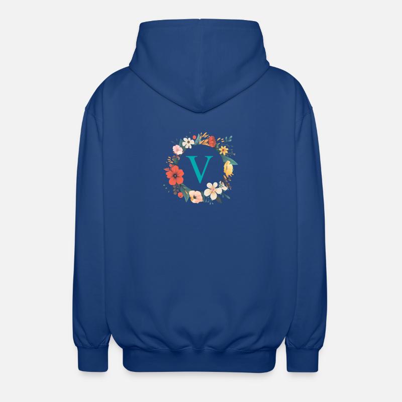 V Monogramm, Blumen-Kranz, personalisierbar - Unisex Kapuzenjacke - Royalblau