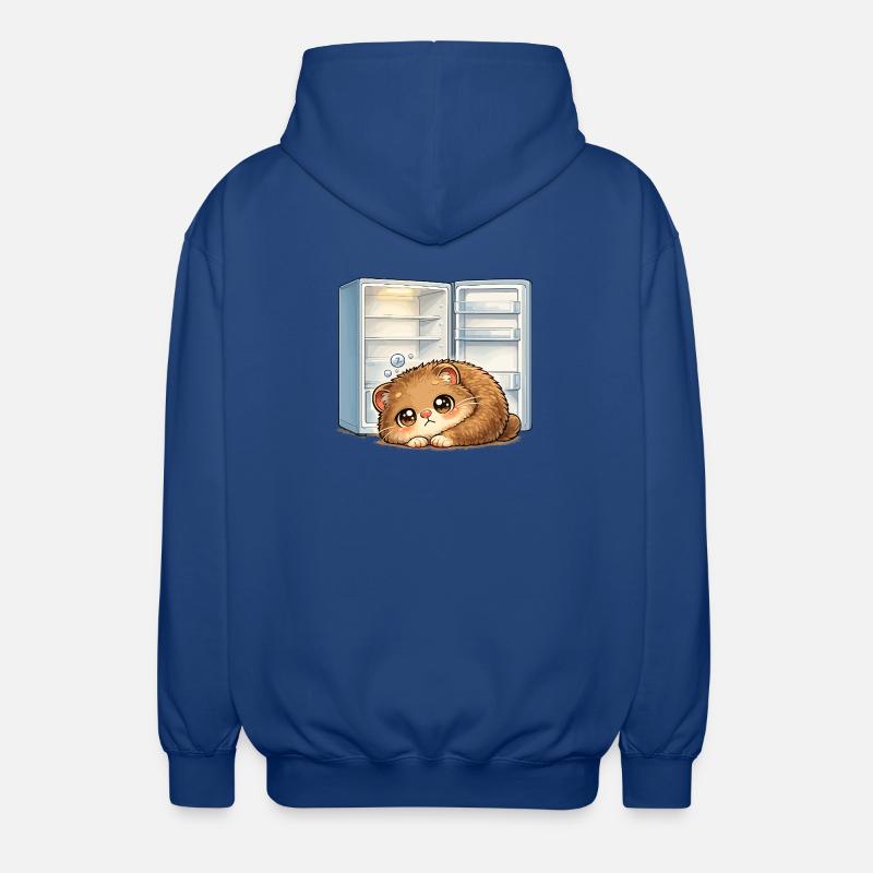 Petit chat devant un réfrigérateur ouvert - Veste à capuche unisexe - bleu royal