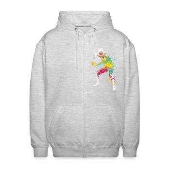 Splash Art Joueur de tennis de table - Veste à capuche unisexe - gris clair chiné - Devant - AI Model Female 172 light (172cm) & AI Model Male 185 light (185cm)