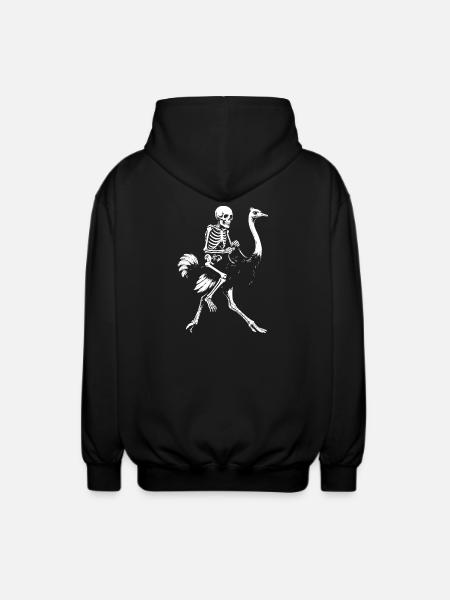 Eerie Skeleton on Flying Ostrich Illustration - Unisex Hooded Jacket - black