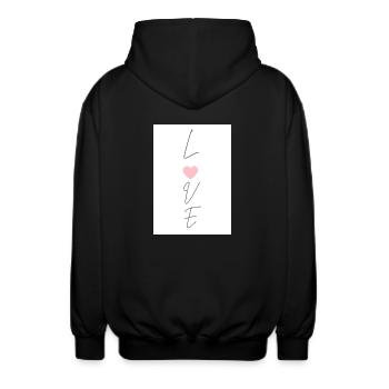 Love thin typography written vertically with heart - Unisex Hooded Jacket - black - Back - AI Model Male 185 light (185cm)