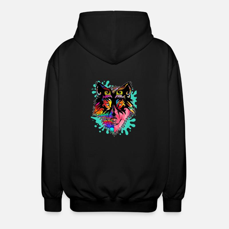 Wolf, bunt, - Unisex Kapuzenjacke - Schwarz