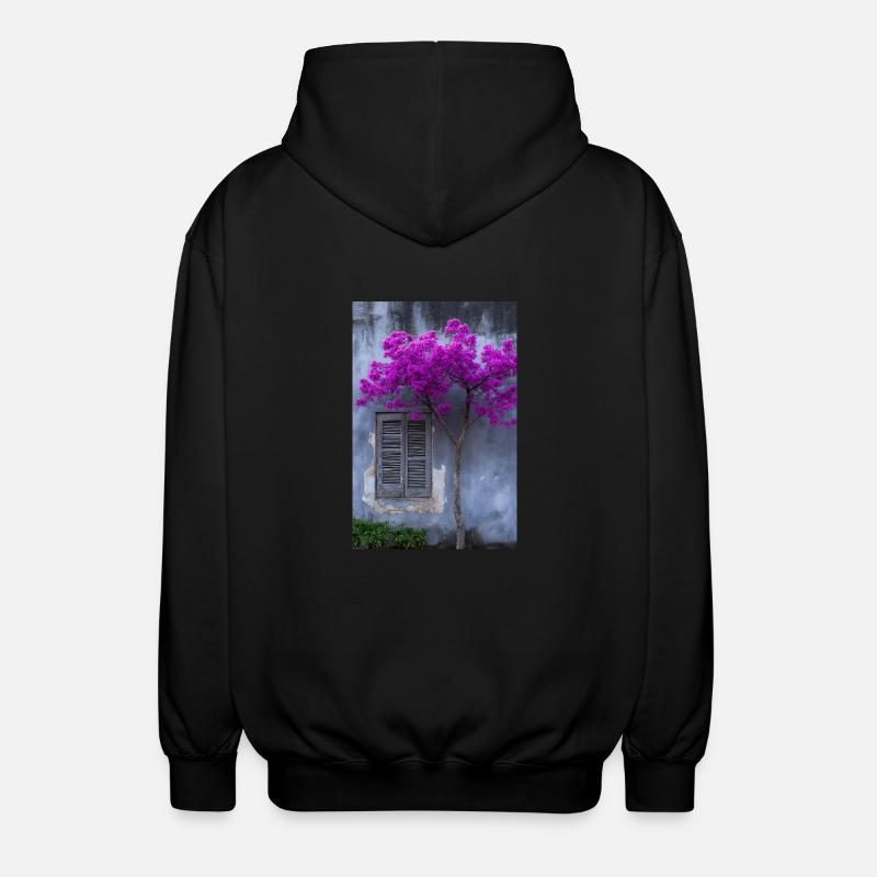 Vibrant Blossom Against Rustic Wall - Unisex Hooded Jacket - black
