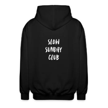 Slow Sunday Club. Quiet relaxed Sunday club - Unisex Hooded Jacket - black - Back - AI Model Male 185 light (185cm)