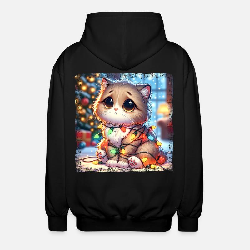 Cute Christmas Cat Clumsy Tangled - Unisex Hooded Jacket - black