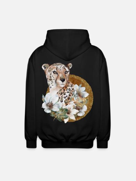 Leopard with gold and flowers - Unisex Hooded Jacket - black