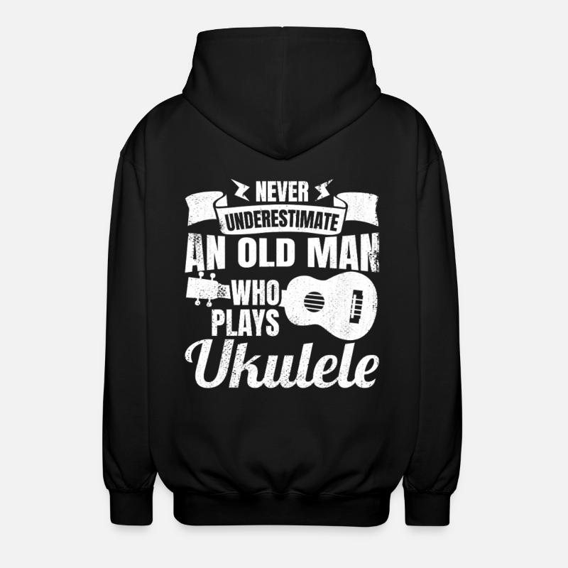 Never underestimate old ukulele players - Unisex Hooded Jacket - black