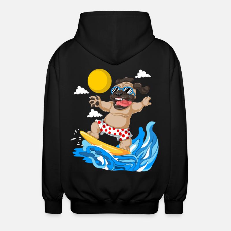 Pug Surfing Summer Beach Tee - Unisex Hooded Jacket - black