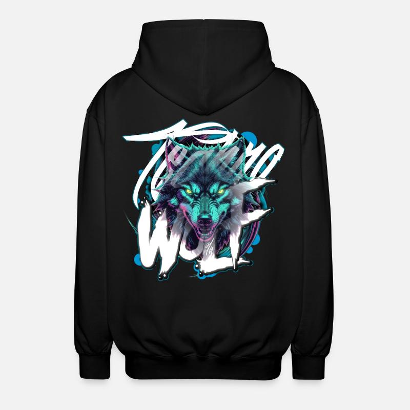 Neon Techno Wolf Head–Rave Wolf - Unisex Kapuzenjacke - Schwarz