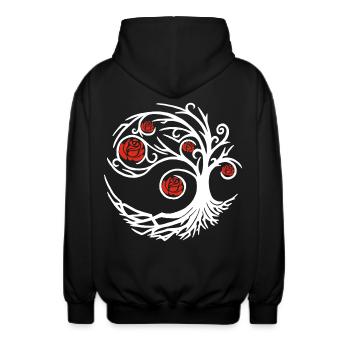 Arbre stylisé blanc et roses rouges - Veste à capuche unisexe - noir - Dos - AI Model Male 185 light (185cm)