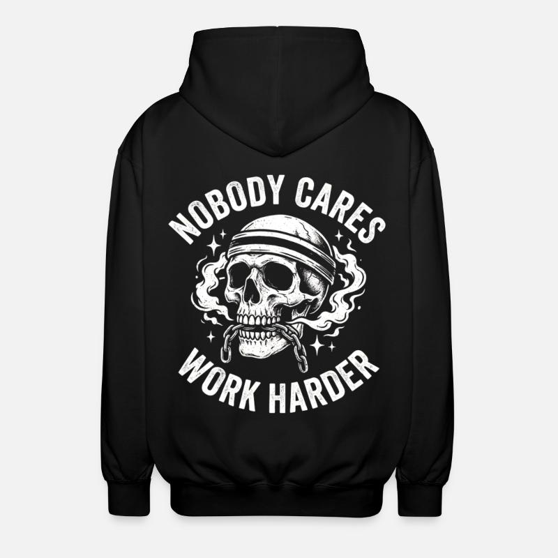 Schädel mit Helm: Arbeite härter - Unisex Kapuzenjacke - Schwarz