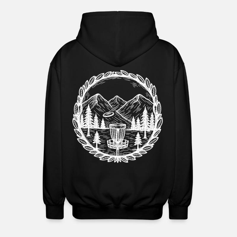 Disc Golf Bergszene Fliegender Disc-Korb - Unisex Kapuzenjacke - Schwarz