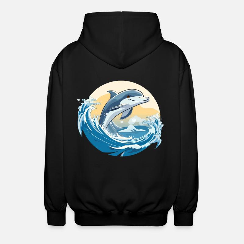 Dolphin jump over surf wave - Unisex Hooded Jacket - black