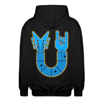 Blaue U-Form Gitarre mit Rock Hand - Unisex Kapuzenjacke - Schwarz - Hinten - AI Model Male 185 light (185cm)