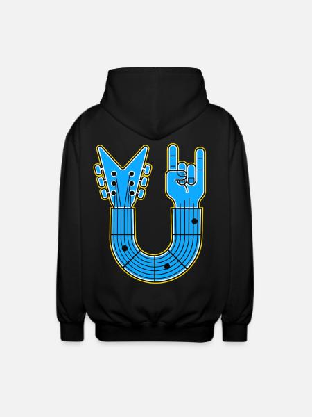 Blue U-Shape Guitar with Rock Hand - Unisex Hooded Jacket - black