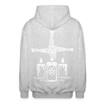 Croix d’Imbolc Brigid avec des bougies rituelles - Veste à capuche unisexe - gris clair chiné - Dos - AI Model Male 185 light (185cm)
