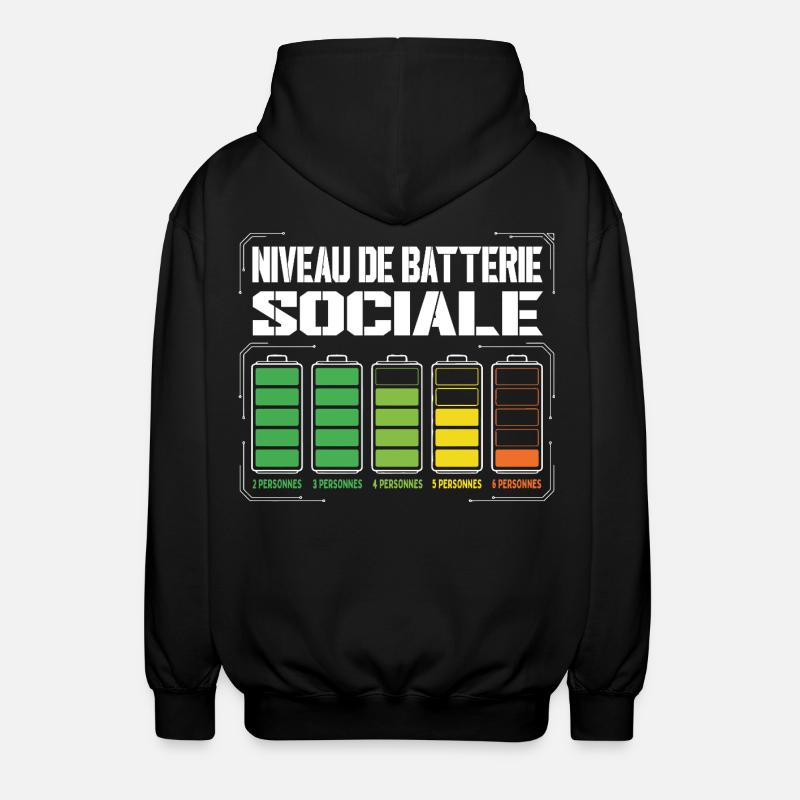 Niveau De Batterie Sociale Humour Introverti - Veste à capuche unisexe - noir