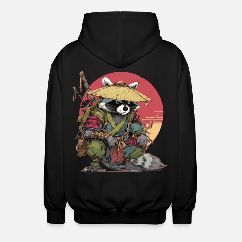 Raccoon Samurai with Straw Hat - Unisex Hooded Jacket - black