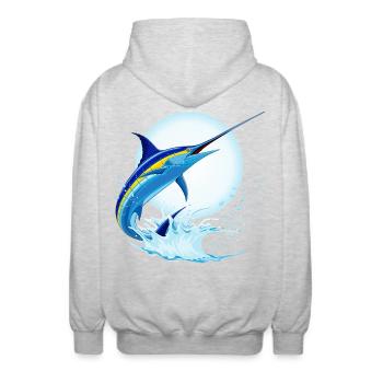 Blauer Marlin-Schwertfisch springt aus dem Ozean - Unisex Kapuzenjacke - Hellgrau meliert - Hinten - AI Model Male 185 light (185cm)