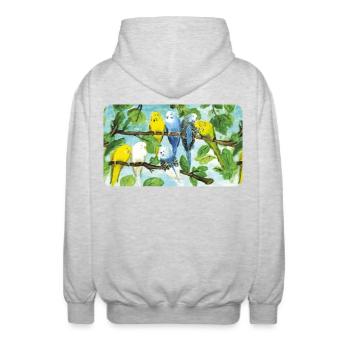 Perruches sur un arbre - craie pastel - Veste à capuche unisexe - gris clair chiné - Dos - AI Model Male 185 light (185cm)