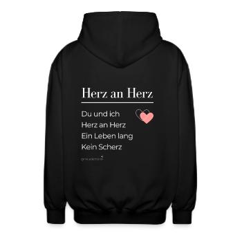 Herz an Herz - weiße Schrift - Unisex Kapuzenjacke - Schwarz - Hinten - AI Model Male 185 light (185cm)