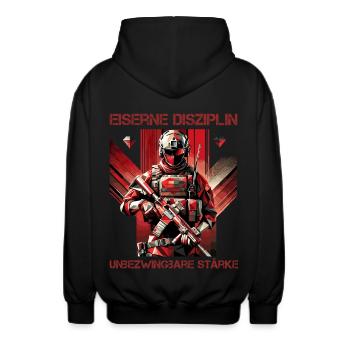 Disziplin & Unbesiegbar - Unisex Kapuzenjacke - Schwarz - Hinten - AI Model Male 185 light (185cm)