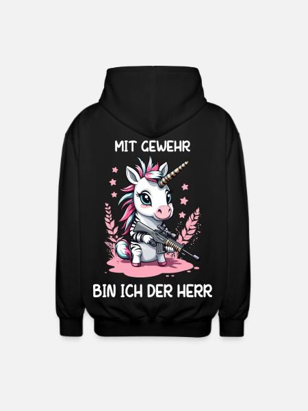 Einhorn mit Jagdgewehr - Unisex Kapuzenjacke - Schwarz
