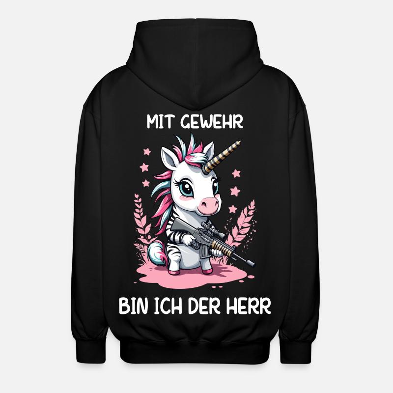 Einhorn mit Jagdgewehr - Unisex Kapuzenjacke - Schwarz