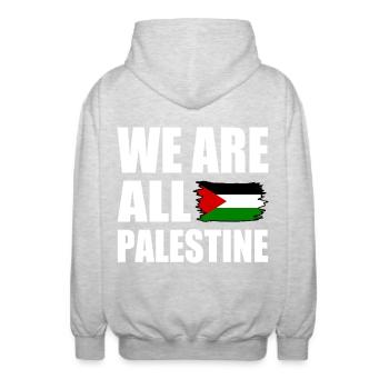We are all palestine - Unisex Hooded Jacket - light heather grey - Back - AI Model Male 185 light (185cm)