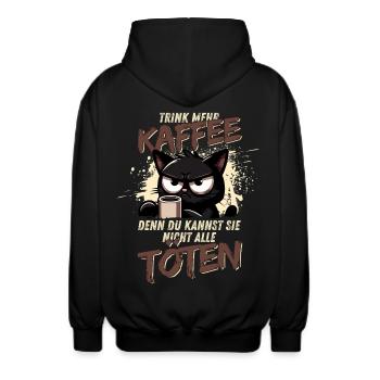 Trink mehr Kaffee – schwarzer Humor Katze - Unisex Kapuzenjacke - Schwarz - Hinten - AI Model Male 185 light (185cm)