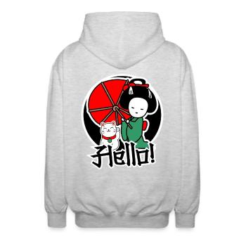 Japanese cat and women are friends - Unisex Hooded Jacket - light heather grey - Back - AI Model Male 185 light (185cm)