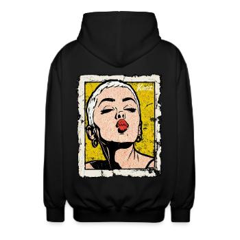 Buzzcut Punk Mädchen mit Kussmund im Pop-Art Stil - Unisex Kapuzenjacke - Schwarz - Hinten - AI Model Male 185 light (185cm)
