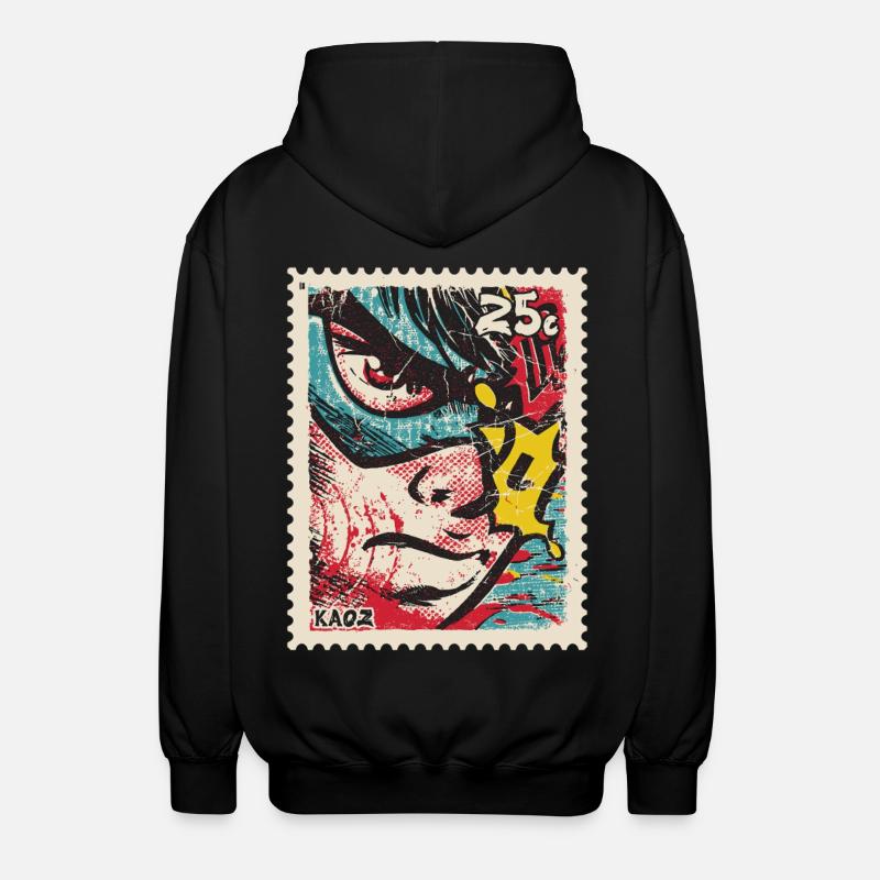 Comic-Held als Retro-Briefmarke - Unisex Kapuzenjacke - Schwarz