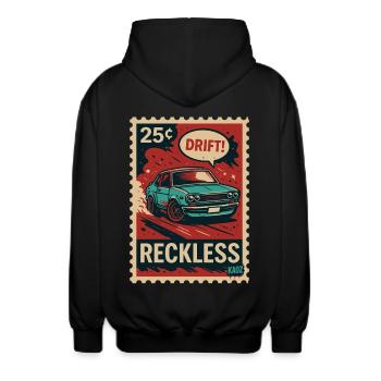 Briefmarken-Poster: DRIFT! –Rücksichtslos - Unisex Kapuzenjacke - Schwarz - Hinten - AI Model Male 185 light (185cm)