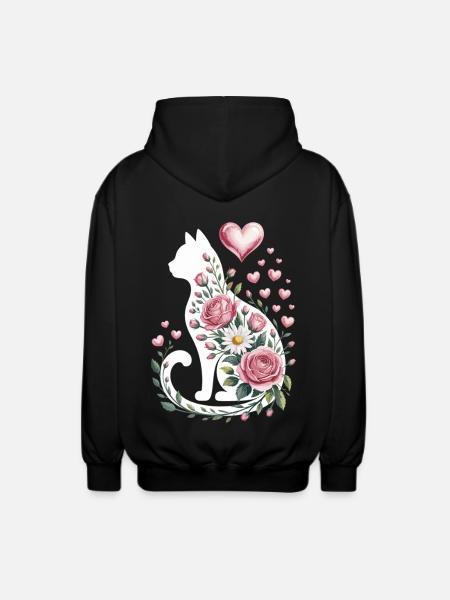 Fleur Chat Silhouette Roses Coeurs - Veste à capuche unisexe - noir