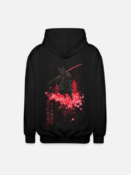 Oni - samurai mit Sakura Kirschblüten - Unisex Kapuzenjacke - Schwarz