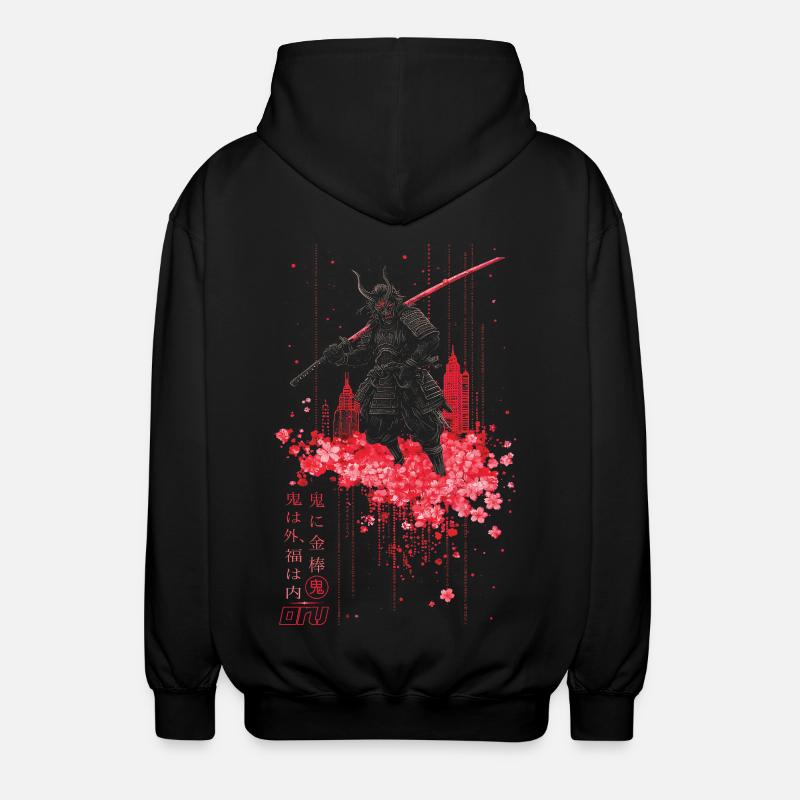 Oni - samurai mit Sakura Kirschblüten - Unisex Kapuzenjacke - Schwarz