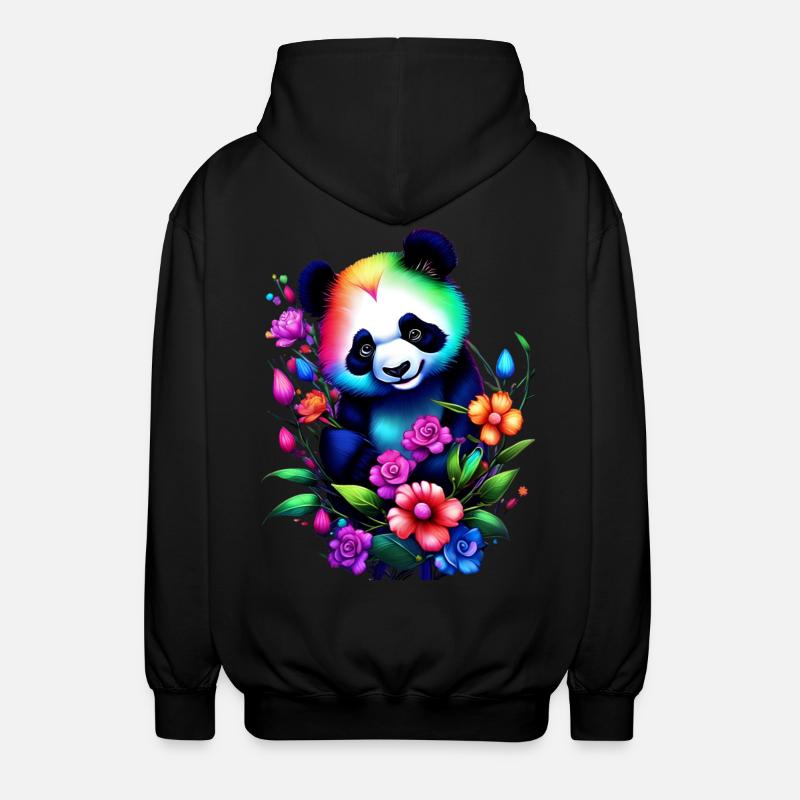 Regenbogenpanda mit Blumen Verträumte Fantasykunst - Unisex Kapuzenjacke - Schwarz