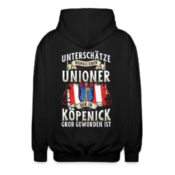 Unterschätze niemals einen Unioner aus Köpenick - Unisex Kapuzenjacke - Schwarz - Hinten - AI Model Male 185 light (185cm)