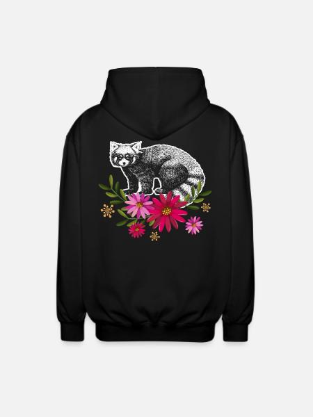 Red Panda With Flowers - Unisex Hooded Jacket - black