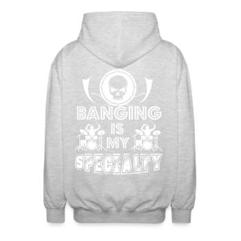 Drummer Banging Is My Specialty - Unisex Hooded Jacket - light heather grey - Back - AI Model Male 185 light (185cm)