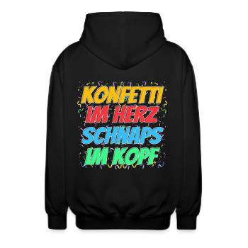 Konfetti im Herz, Schnaps im Kopf – Party Spruch - Unisex Kapuzenjacke - Schwarz - Hinten - AI Model Male 185 light (185cm)