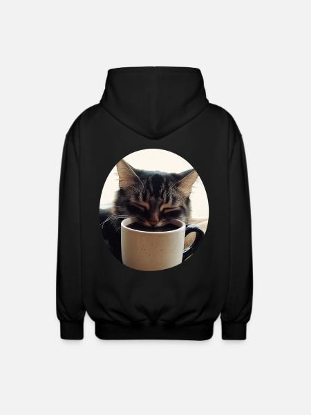 Sleeping cat with coffee cup - Unisex Hooded Jacket - black